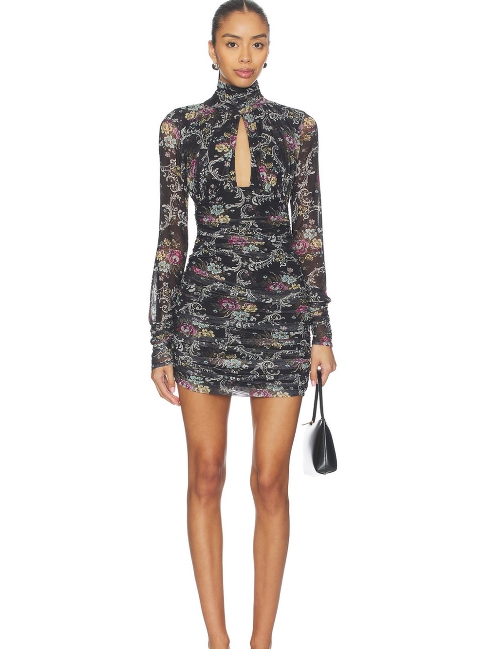 AFRM Black Floral Keyhole Long-Sleeve Mini Dress
